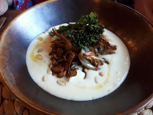 Mait with truffled potato puree, candied shallots and bimi at Coco Cuina Viva in Cadaques