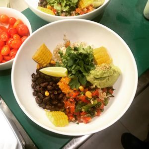 Mexican bowl with azukis beans, brown rice, pico de gallo, guacamole, corn and smoked hot chili pepper at Coco Cuina Viva in Cadaques