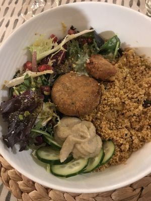 Moroccan bowl (with falafel, couscous, tzaziki, etc) — looked so good we forgot to take photos before starting to eat! at Coco Cuina Viva in Cadaques