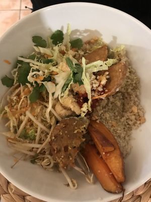 Indonesian bowl (with tempeh, sweet potatoes, quinoa, etc)— looked so good we forgot to take photos before starting to eat! at Coco Cuina Viva in Cadaques