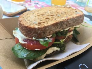 Bocata queso de anacardos y pesto at Coco Cuina Viva in Cadaques