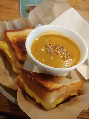 Vegan grilled cheese and sweet potato soup at The Lobby in Huntingtown