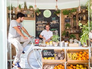 No electricity here! You have to pedal to deserve your juice! at Veggie Wave - Dom Pedro in Lisbon