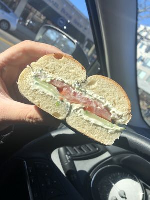 Poppyseed bagel with tofu chive cream cheese, tomato, and cucumber at Kupel's Bakery in Brookline