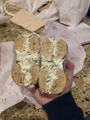 Tofu chive and whole wheat everything bagel  at Kupel's Bakery in Brookline