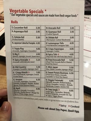 The vegan side of the menu at Sushi Jin Next Door in Woodbridge