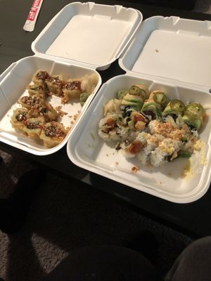 Right side: Fried Avocado Roll.                                         Left Side: Jungle Roll and something else I forgot :(. But everything was super delicious!  at Sushi Jin Next Door in Woodbridge