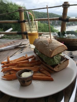 Quinoa mushroom burger with yam fries delish at Blue Earth Village in Bunutan