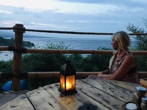 Sunset over agung volcano  at Blue Earth Village in Bunutan