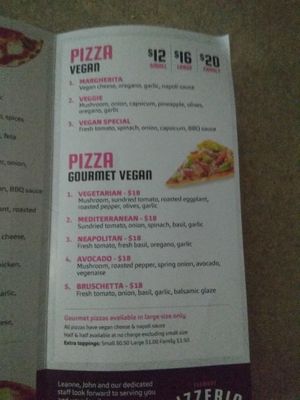 Menu at Vermont Pizzeria in Vermont