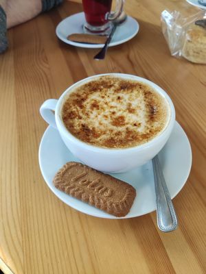 Creme brulee latte at Pixie Bakes Cakery and Coffee Shop in Tintwistle