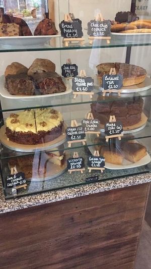 Cake cabinet  at Pixie Bakes Cakery and Coffee Shop in Tintwistle