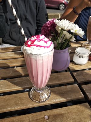Strawberry milkshake at Pixie Bakes Cakery and Coffee Shop in Tintwistle