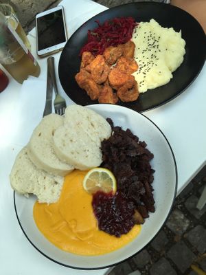 “Svíčková” traditional veganised Czech meal with dumplings ; Fried mushrooms with potato mash and beetroot salad  at Made with Laf in Bratislava