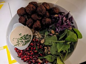 Meatballs with bulgur wheat and pomegranate at Made with Laf in Bratislava