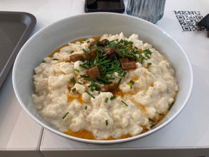 Traditional Slovakian potato cheese dish (vegan)  at Made with Laf in Bratislava