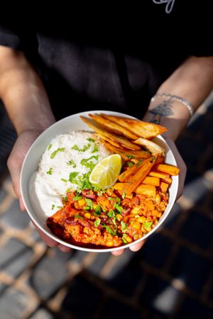 Heartwarming mexican bowl with home made tortillas and sweet potato fries at Made with Laf in Bratislava