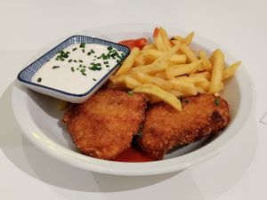 Schnitzel with chips (coleslaw ran out) at Made with Laf in Bratislava