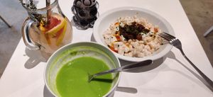 Lavender Lemonade,  raw Pea Soup and Halušky (potato dumplings with vegan bacon and vegan cottage cheese) at Made with Laf in Bratislava