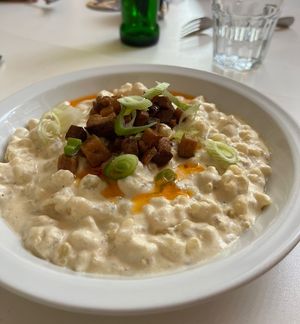 Dumplings with vegan sheep cheese   at Made with Laf in Bratislava