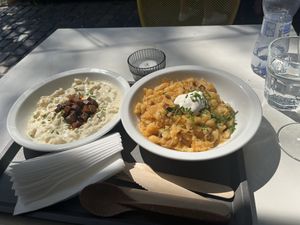 Left is a vegan sheeps cheese Halusky, right is a kraut based one  at Made with Laf in Bratislava