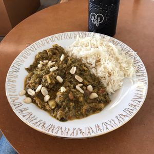Spinach stew with even more veggies and peanuts + delicious rice  at Made with Laf in Bratislava