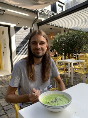 Cold pea soup and a happy guy at Made with Laf in Bratislava