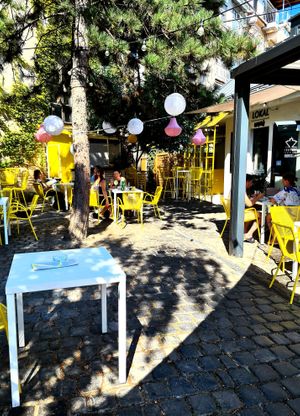 Outside seating area leading to an entrance. at Made with Laf in Bratislava