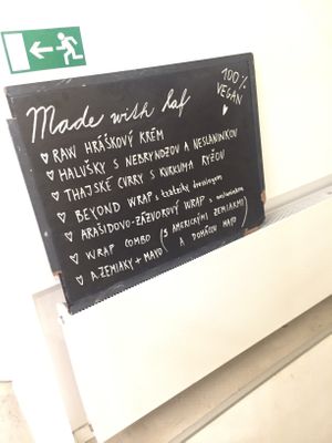 Another example of daily offer: raw green peas cream soup, Halušky with “bryndza”( adaptation on traditional Slovak meal with traditional sheep cheese), Thai curry, ... at Made with Laf in Bratislava