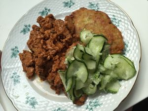 This is one the courgette potato “pancake with spicy “meat” and cucumber salad  at Made with Laf in Bratislava