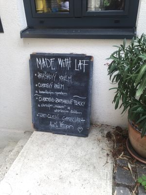 Example of daily offer : greens peas cream soup; courgette cream soup 
Courgette potato “pancakes” with spicy “meat” and cucumber salad; tortilglioni carbonara at Made with Laf in Bratislava