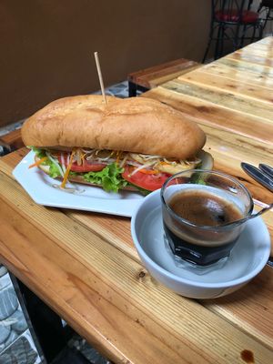 Vegan banh mi and black coffee at The Little Leaf in Cat Ba