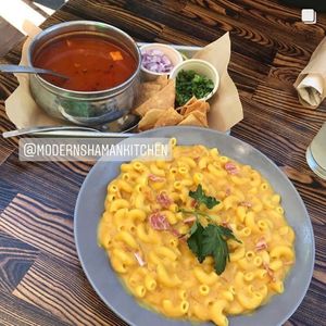 Homemade Mac n cheese with menudo, all vegan at Modern Shaman in Whittier