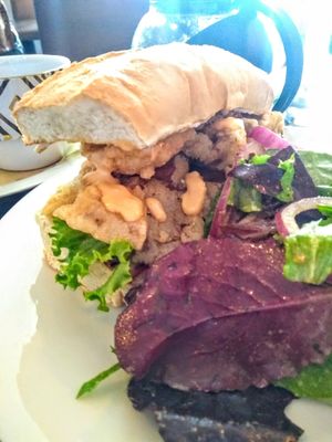 Breaded, fried oyster mushroom Po' Boy sandwich at Modern Shaman in Whittier