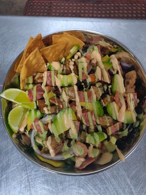 "Four Directions" Bowl... Vegan Bacon, Avocado, Jackfruit and Blackbean salad with siracha and cilantro dressing. at Modern Shaman in Whittier