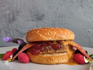 Pb&J with bacon impossible burger, sooooo gooood. at Modern Shaman in Whittier