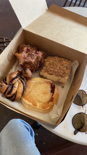 Top left to right: pistachio croissant roll, coffee cake, brioche roll, cheese danish 🤤  at Hazel & Jade Bakery in San Diego