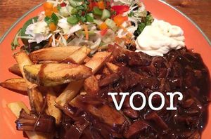 Vegan 'zuurvlees' with fries and salad at Witte Broodje in Geleen