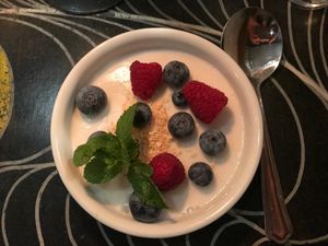 Coconut pannacotta with fresh berries at Magnolia in Stockholm