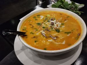 Coconut chili pho with vegan chicken at Holy Basil Pho in Oakland