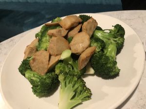 Broccoli and vegan chicken  at Zen Garden in Great Neck