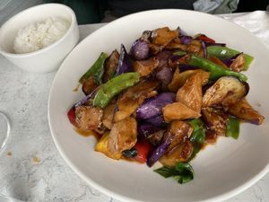 Eggplant chicken with garlic sauce at Zen Garden in Great Neck