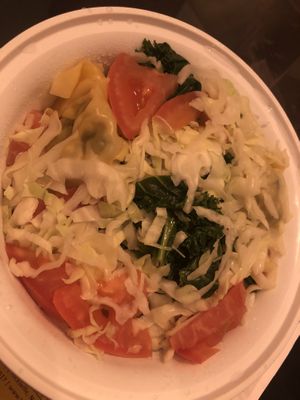 Wonton vegetable noodle soup - kale, tomato, shiitake mushroom , and cabbage 
  at Zen Garden in Great Neck