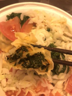 Wonton vegetable noodle soup - kale, tomato, shiitake mushroom , and cabbage 
  at Zen Garden in Great Neck