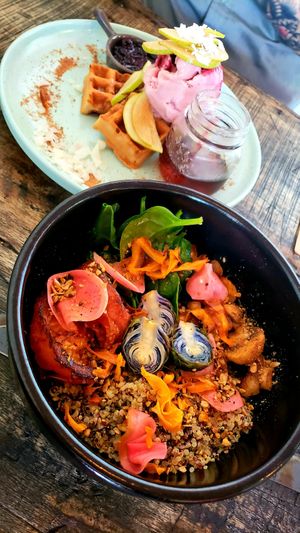 Vegan breakfast bowl and waffles at Sanctum Cafe in Cooks Hill