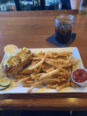 Vegan bratwurst with fries and veganaise on the side.  at South Gate Brewing Company in Oakhurst