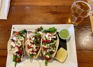 Happy Veggie Tacos and Gold Diggin Blonde beer. Delicious!!  at South Gate Brewing Company in Oakhurst