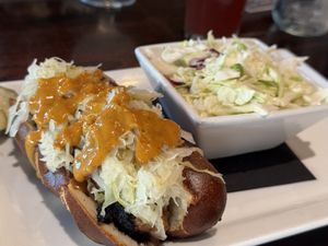 Vegan Bratwurst with a side of coleslaww  at South Gate Brewing Company in Oakhurst