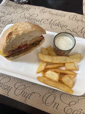 Half of a “Gordivegan” burger with blue cheese and jam. Delicious!! at La Factoría Vegana in Leon