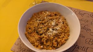 Mushroom and 'bacon' risotto at La Factoría Vegana in Leon